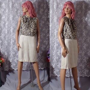 Vintage 60s Floral Dress 1960s Linen Beige & Blue Summer Office Wear Size Medium
